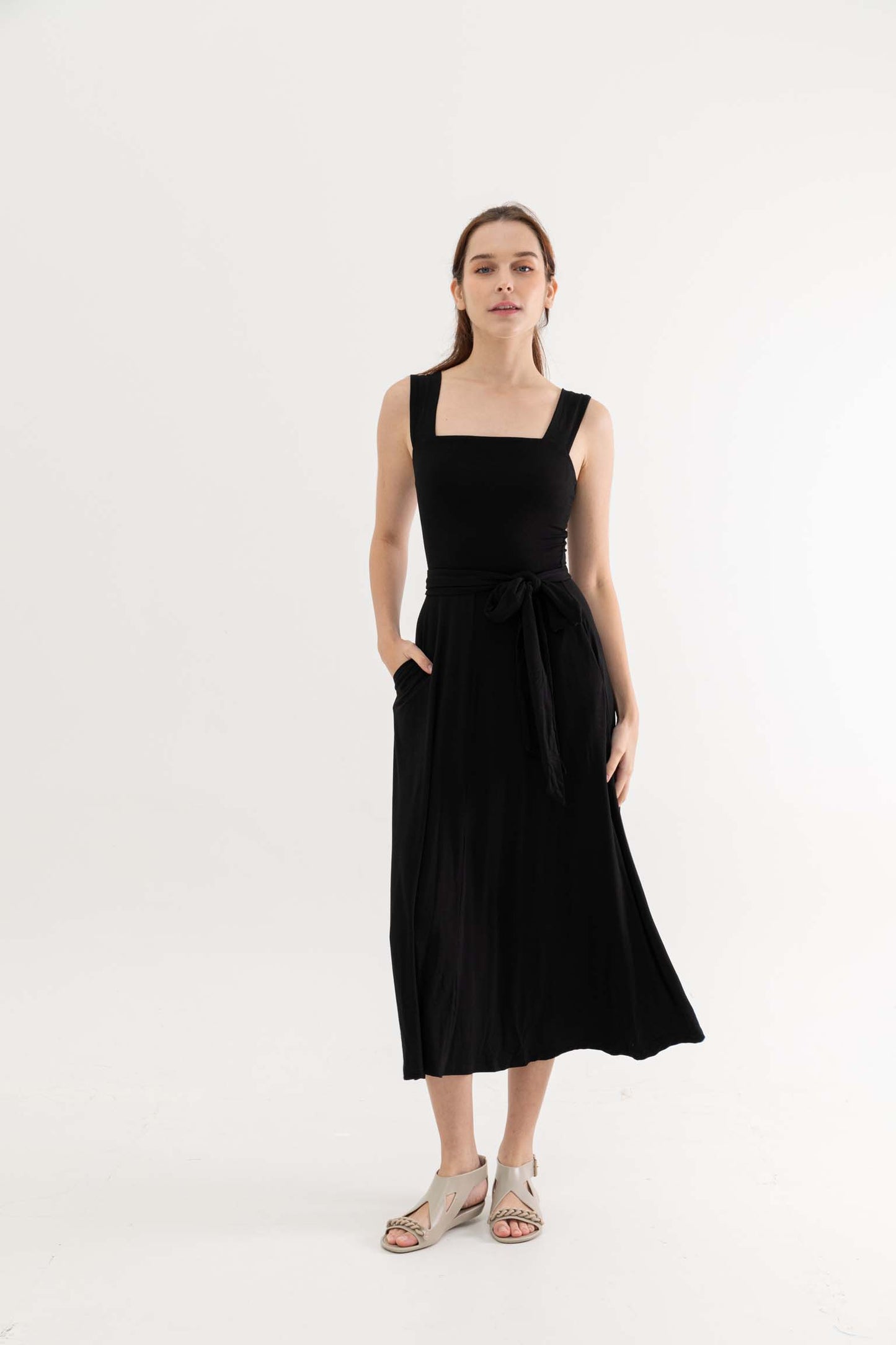 Eliza Wide Shoulder Strap Dress with Sash