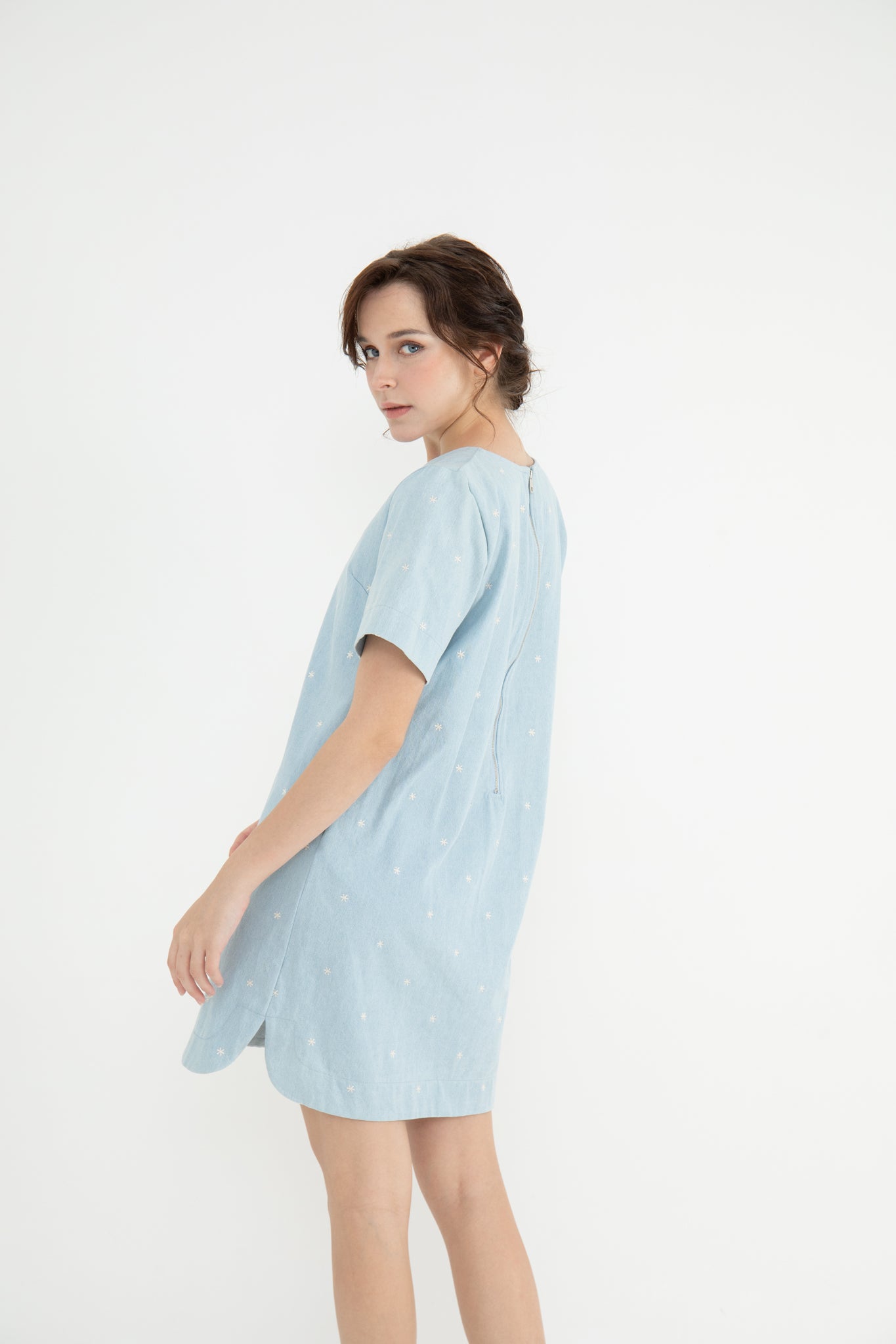 Daisy Embroidered Floral Denim Short Sleeve Dress